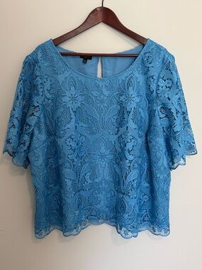 Talbots Women’s 3x All Over Lace Blue Blouse Top Short Sleeve Summer Mature